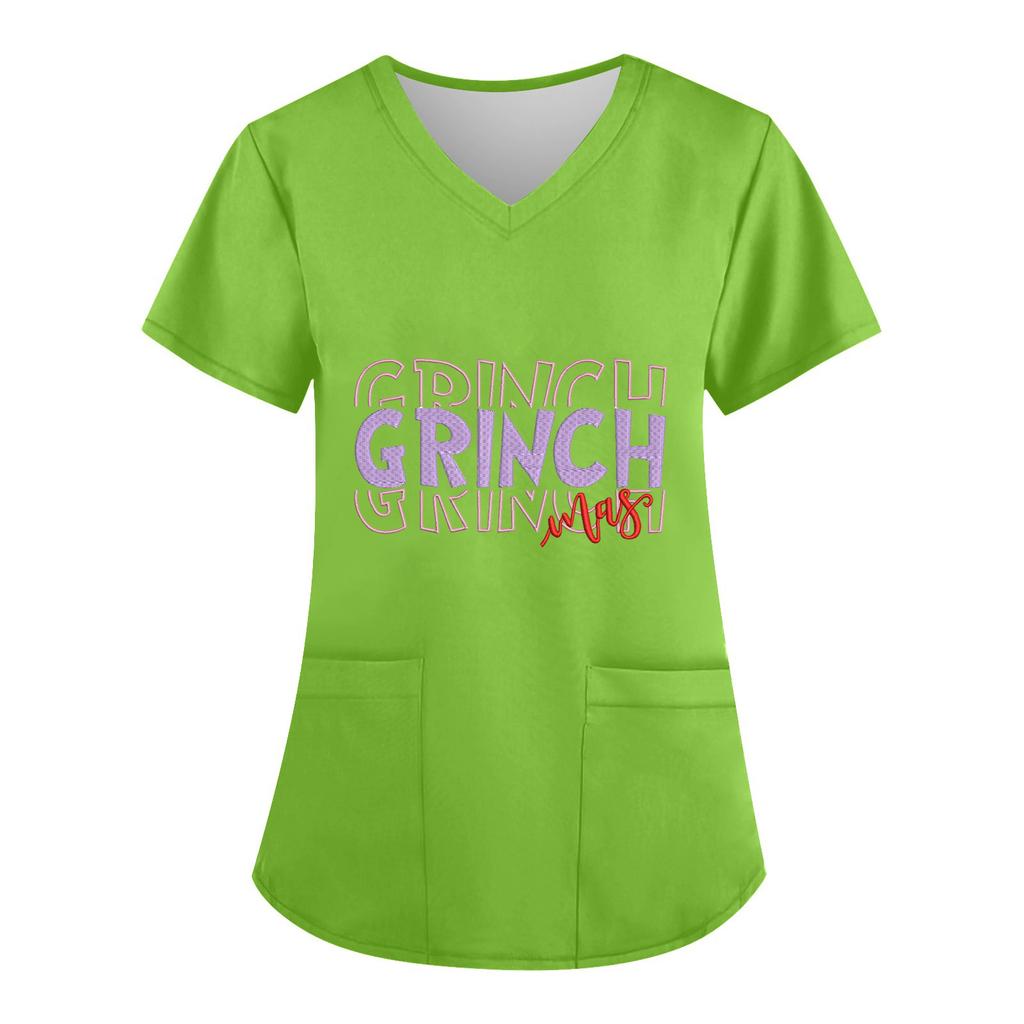 Women's V-neck Christmas Print Short-sleeved Pocket Side Slit Uniform Top