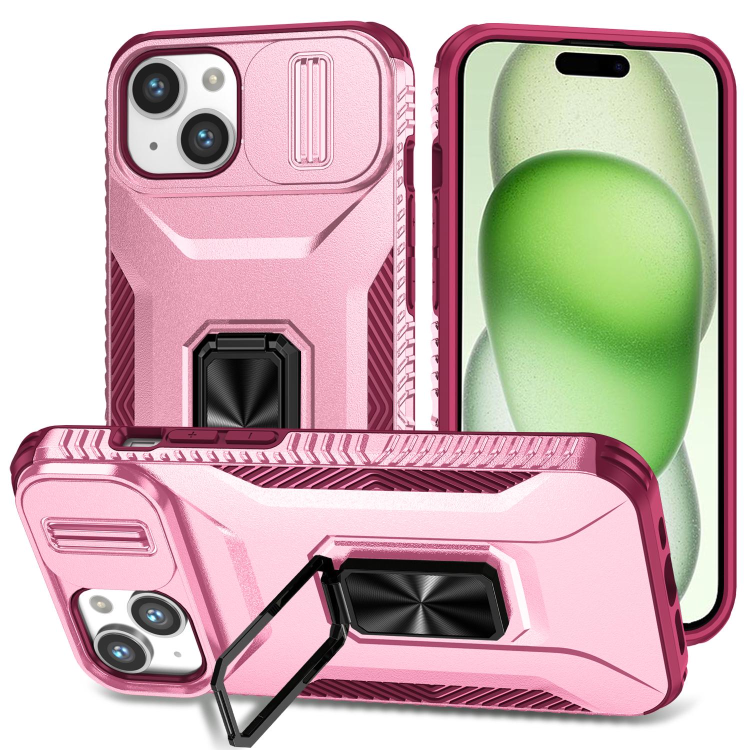 

For iPhone 15 Kickstand Case PC+TPU Anti-drop Phone Cover with Camera Slider Pink/Rose