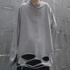 Unisex Loose Fit Long Sleeve T-Shirt with Distressed Hem and Solid Color