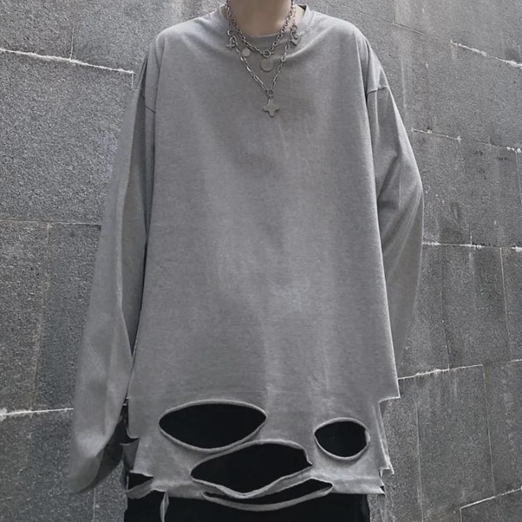 Unisex Loose Fit Long Sleeve T-Shirt with Distressed Hem and Solid Color