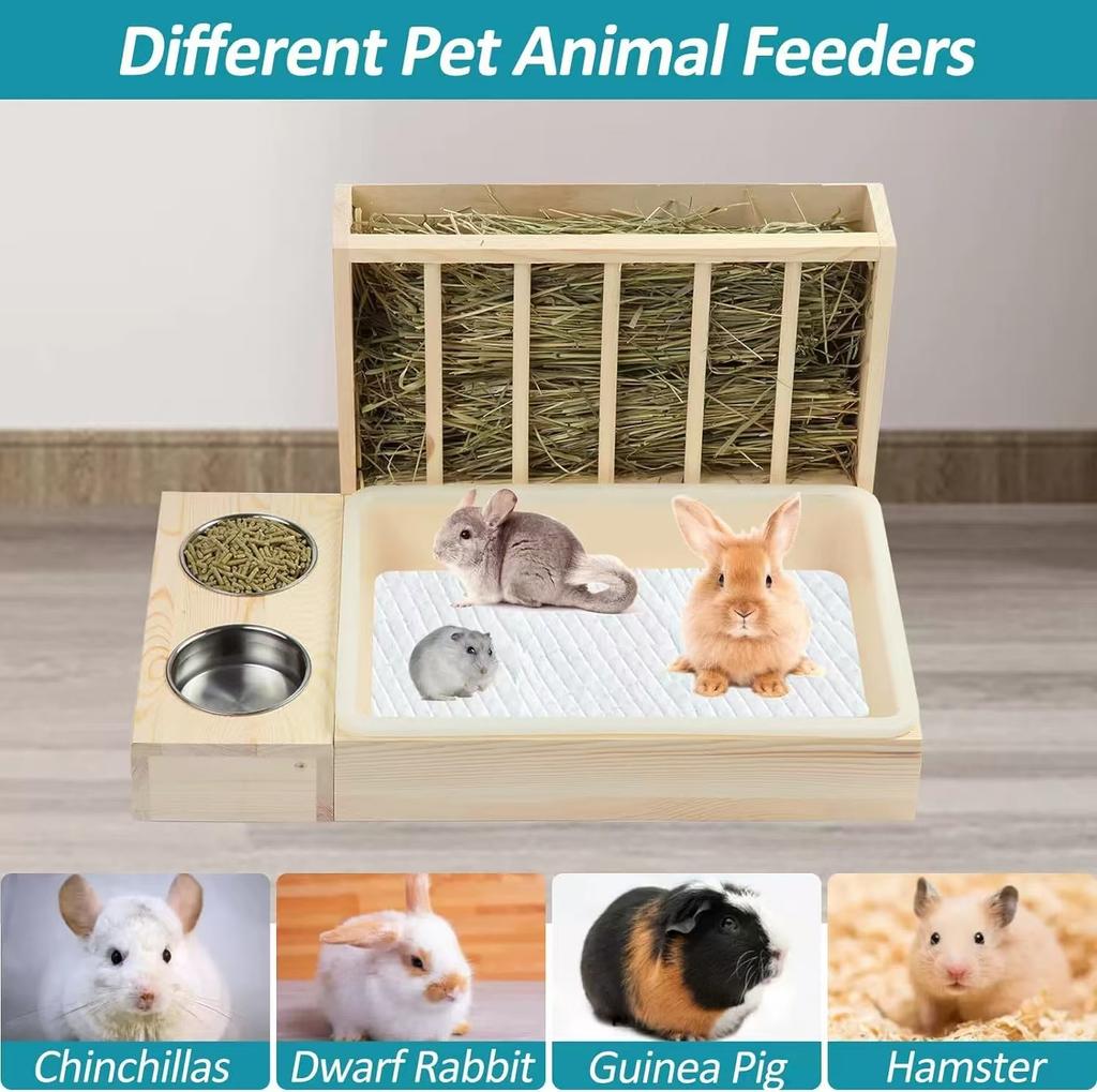 Hasenfutterspender, Futterkrippe, Heu, Holz, Kaninchen, Heu-Futterspender mit Katzentoilette für Hamsterkäfig, Zubehör für Hasen, Kleintiere, Meerschweinchen