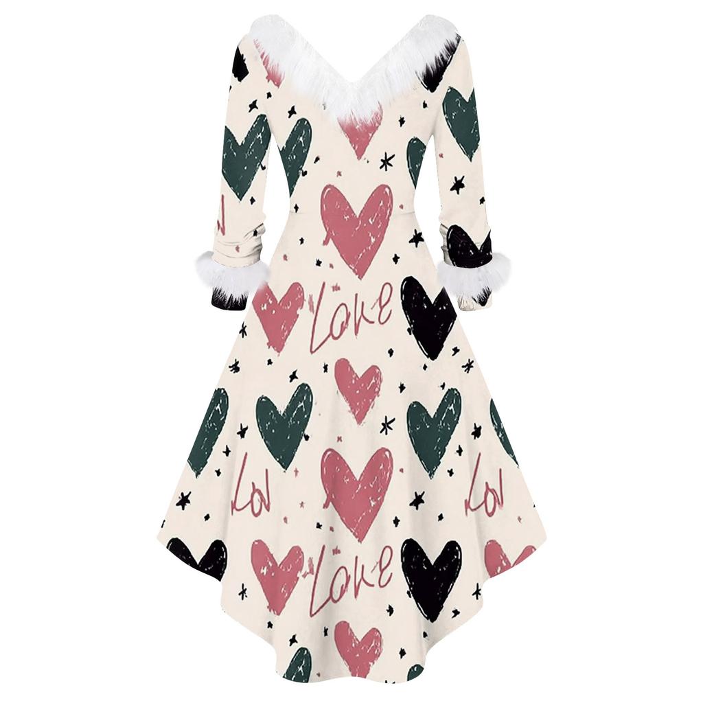 Damen stilvolles und elegantes langärmeliges V-Ausschnitt Kleid mit Valentinstags-Herzprint