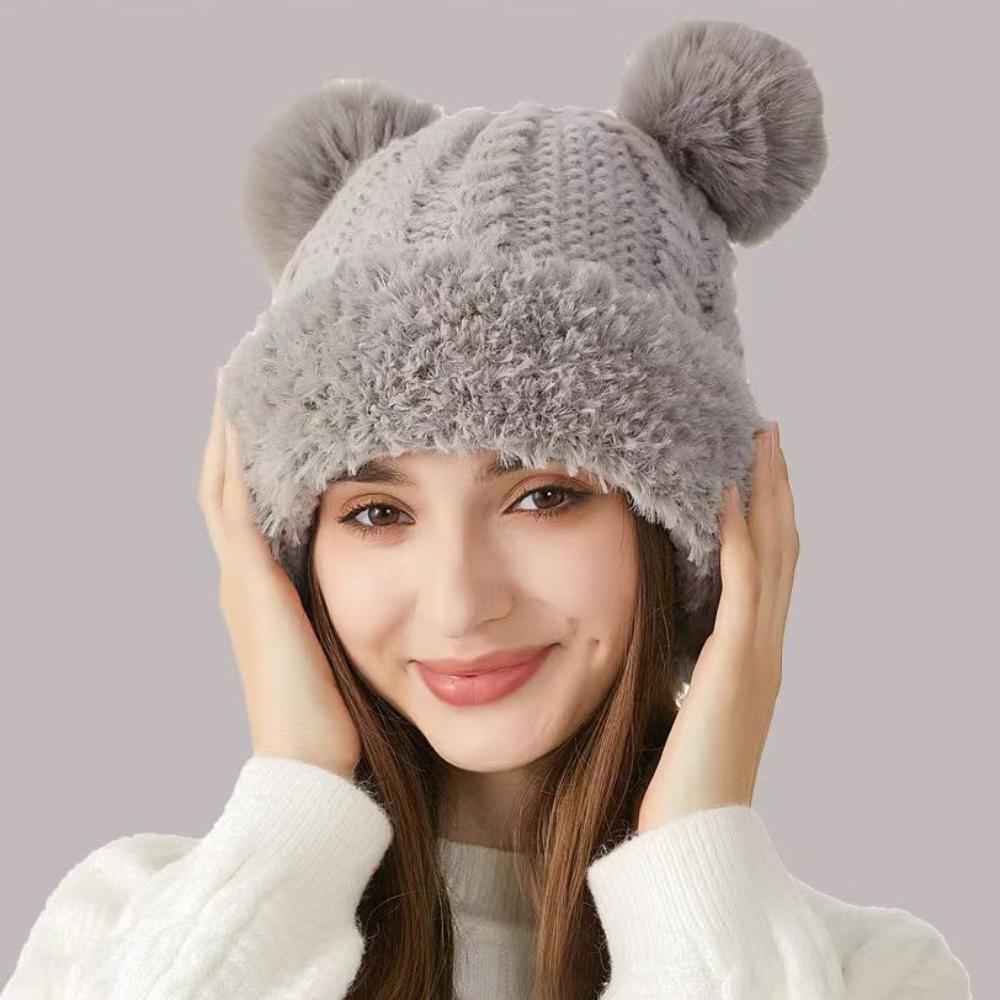 Bear Ear Design Beanie Hat Solid Color Ski Cap Cute Knitted Hat
