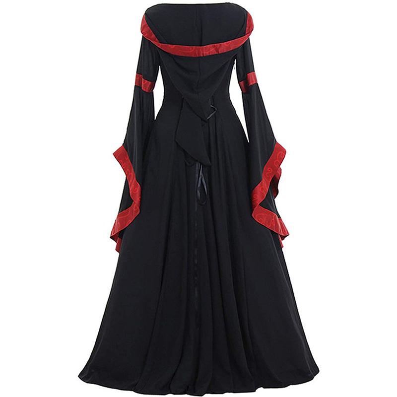 Mittelalterliche Renaissance-Kapuzenrobe, Retro-Kleid mit eckigem Kragen und Schnürung, Trompetenärmel, Damen-Halloween-Party-Kostüm,