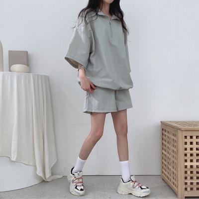 2 Pcs/Set Summer Tracksuit Zippered High Collar Lapel Sleeves Loose Top High Waist Solid Color Shorts