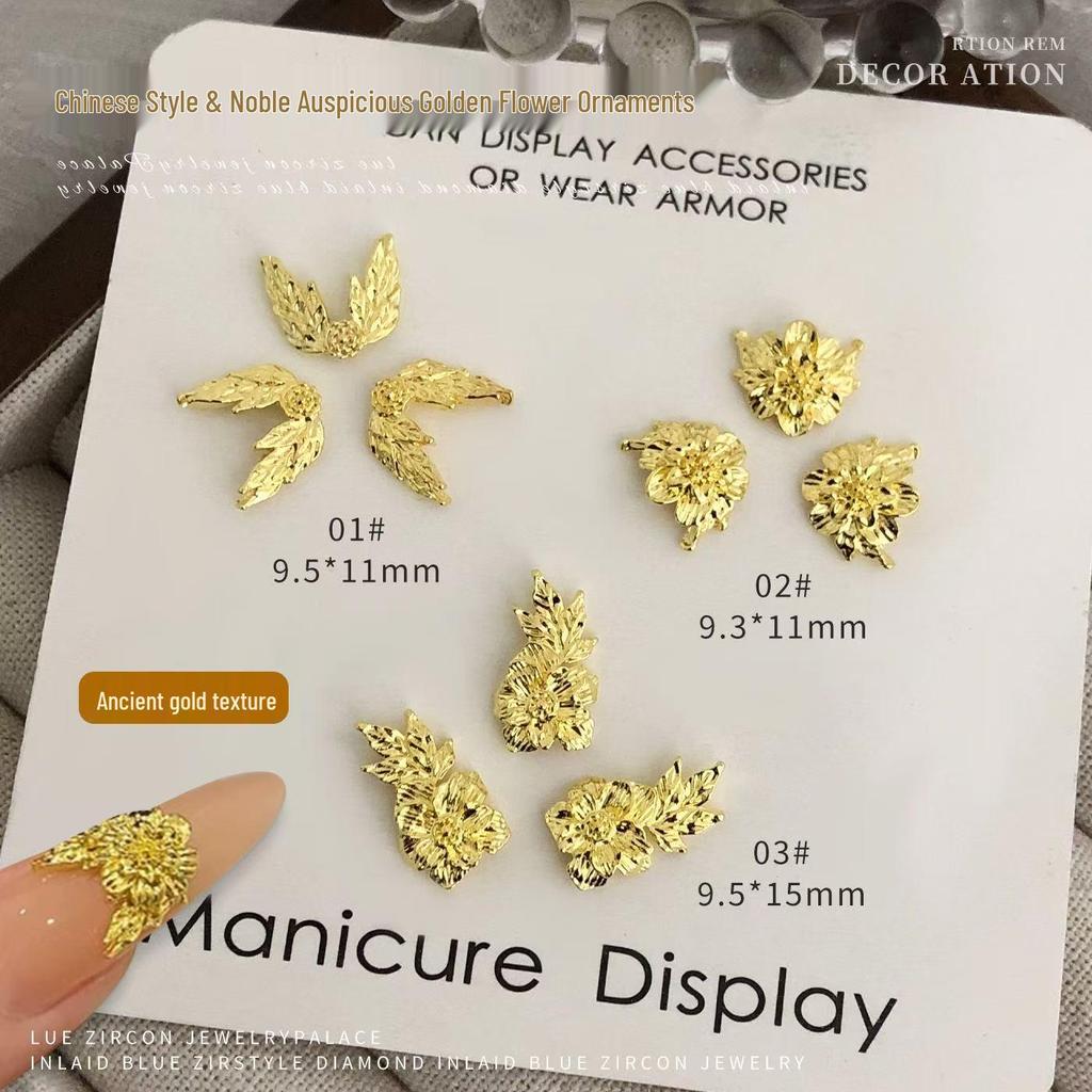 Ruyi Rich Golden Flower Nail Art Decorations: Chinese Style Jade Leaves & Golden Branches with Rhinestones