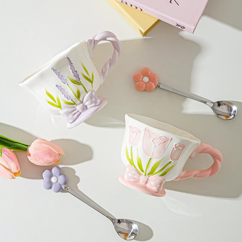 Tulip Ceramic Cup Hand Painted Relief High Looking Coffee Cup Mug Girl Heart Home Water Cup Souvenir