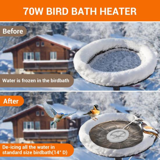 70W Pond De-Ice Heater Thermostatically Controlled Energy-efficient Bird Bath Ice Melter Anti-rust Bird Bath Heater
