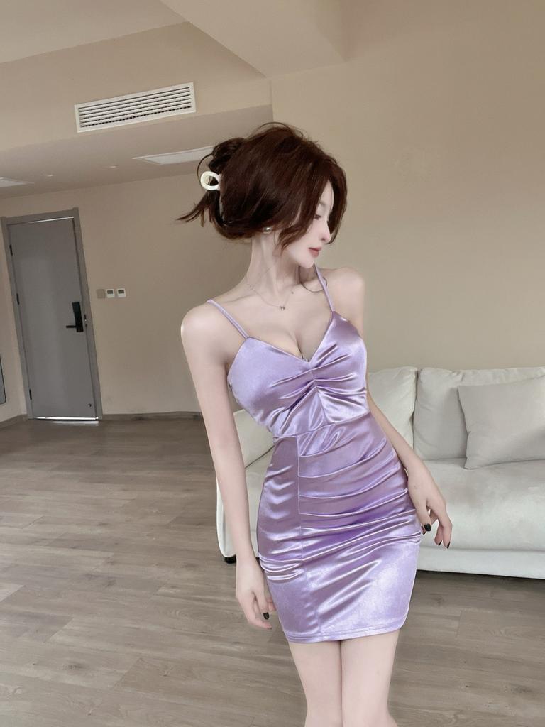 Women's Work Clothing Store Low Chest Sexy Flower Splicing Short Satin Bottom Hip Wrap Suspender Dress Summer