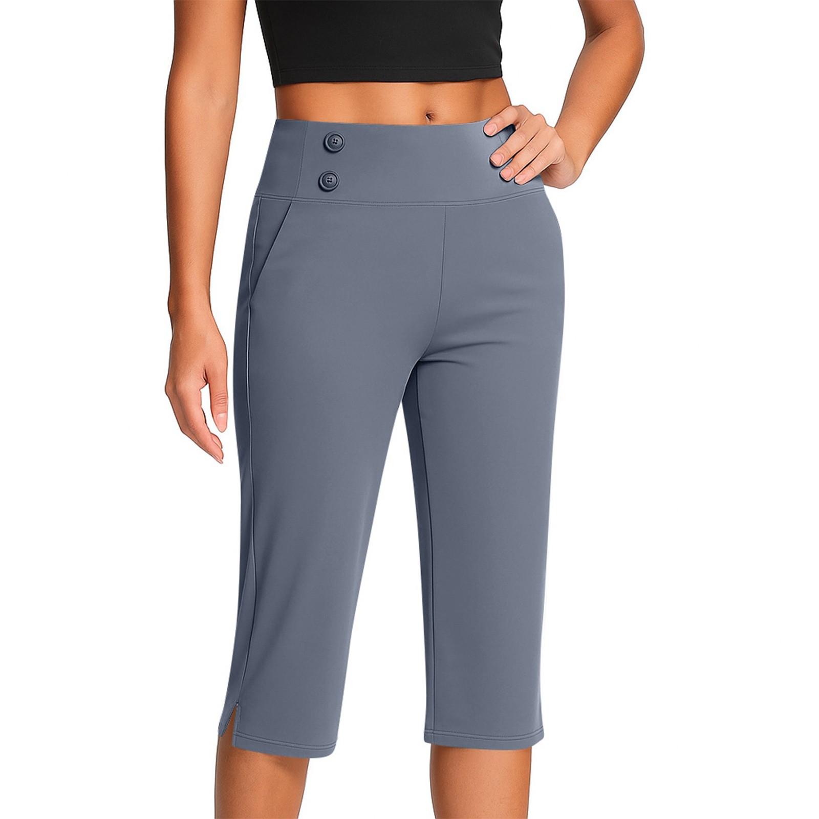 

Женские модные однотонные брюки с карманами на пуговицах и разрезами по низу, укороченные спортивные брюки для йоги с высокой талией M