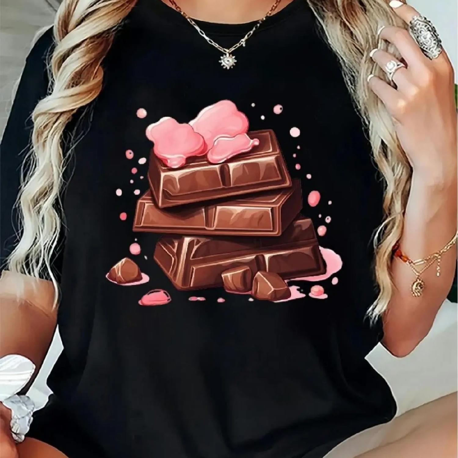 

Women s Casual Black T-Shirt with Whimsical Chocolate Print - Short Sleeve, Crew Neck, Stretchy Knit, Loose Fit - Ideal Summer G XXXXXL різнокольоровий