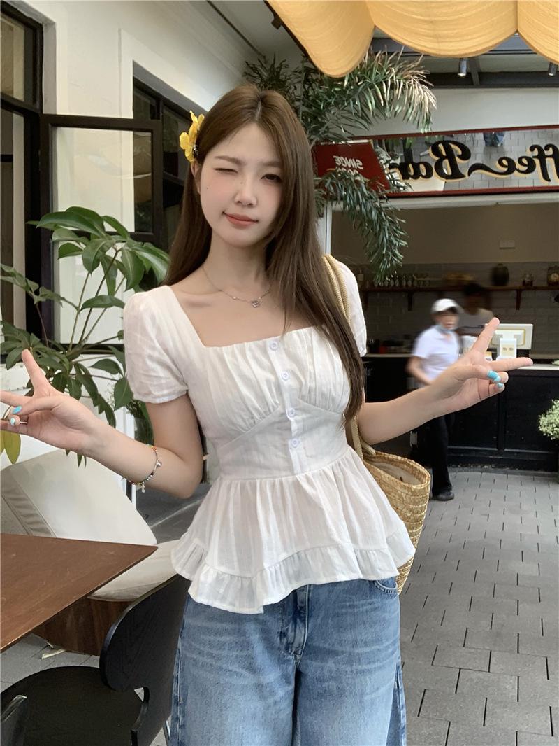 Plus Size Women s Square Neck Waist-Cinching Short Sleeve Summer Top M