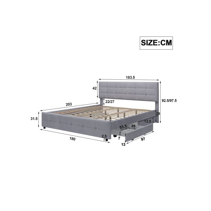 Lit double - MUVOE - 180 x 200 cm - Rembourré - 4 tiroirs - Gris