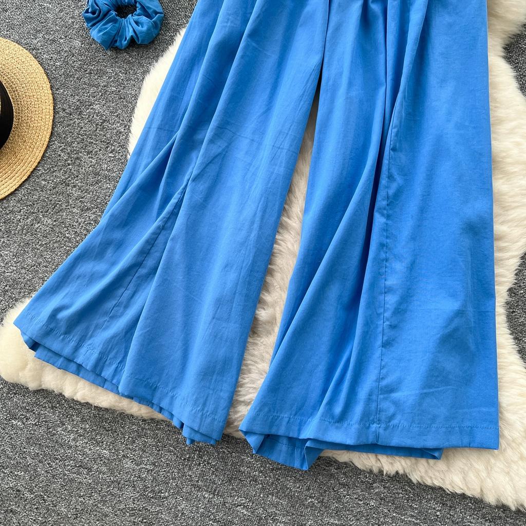 Summer Women Chic Boho Elastic Waist Wide Leg Ankle Length Pant Trouser With Pocket
