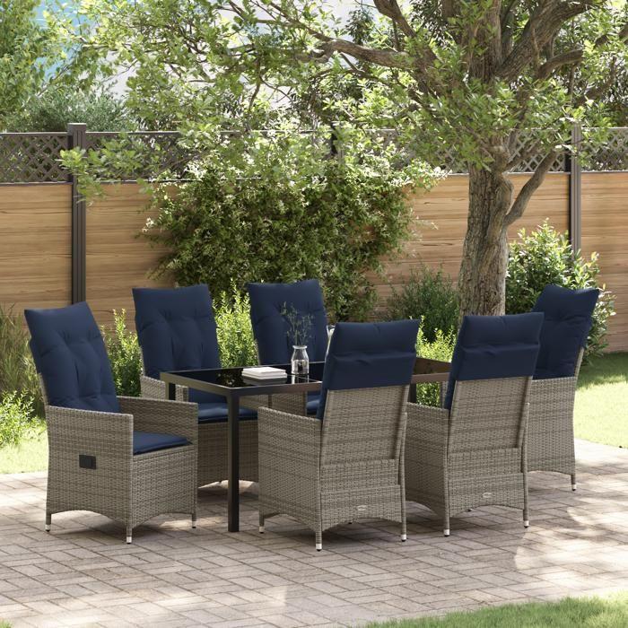 vidaXL 7-piece Garden Dining Set with Gray Poly Rattan Cushions 3379594