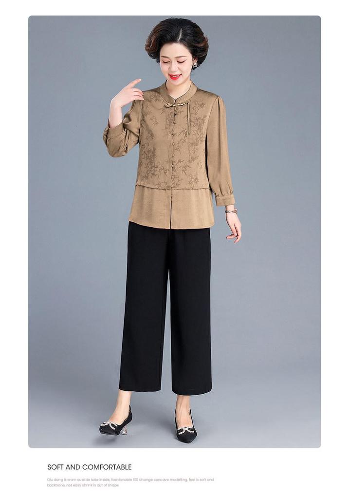 Autumn Mother's Day Chinese Style Two-Piece Shirt Set for Elegant Middle-Aged Women