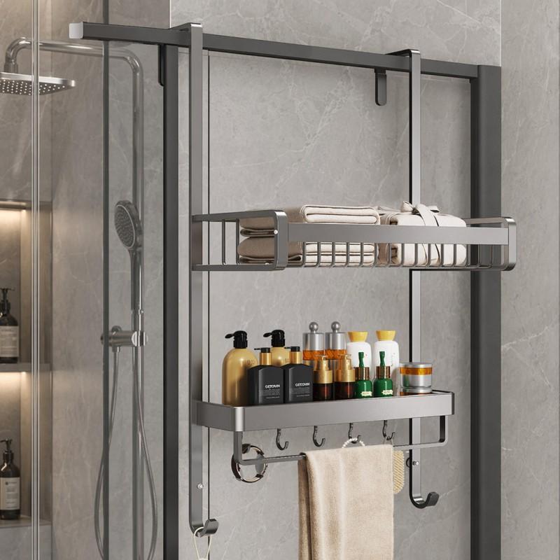 Bathroom Shower Glass Door Hanger No Drill Towel Rack Storage Shelf