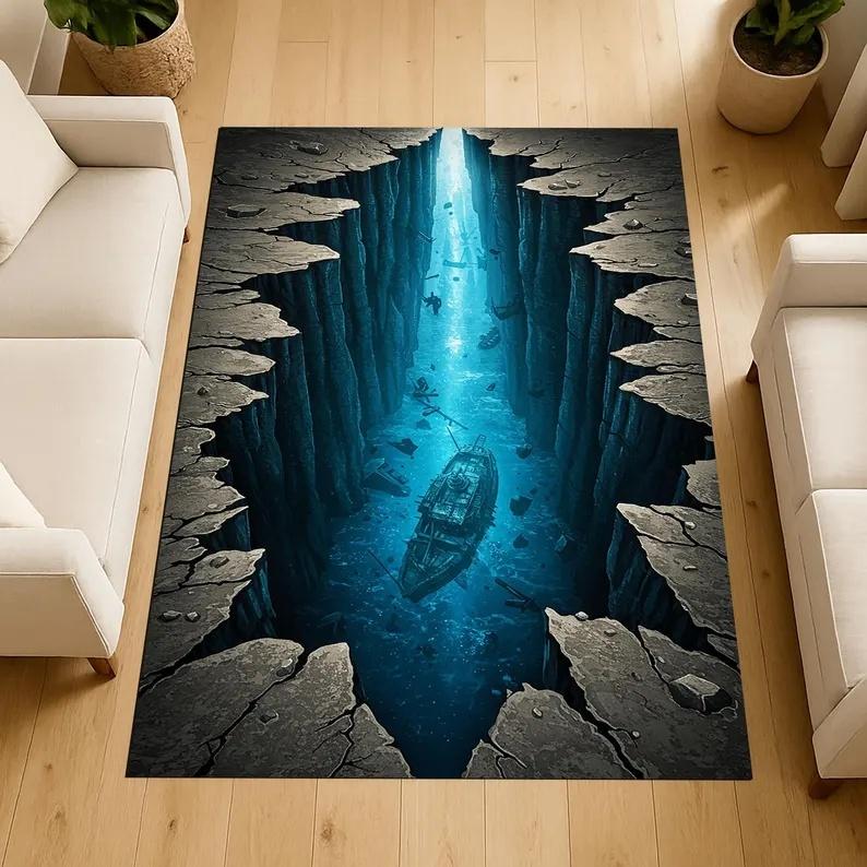 Forgotten Ship Carpet Under 3D Earth Cracks Ancient and Broken Ship Carpet Anti Slip Floor Mat Home Decoration