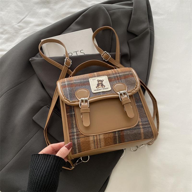 Woolen Plaid Portable Small Bag Women's 2025 New Trendy Fashion College Style Backpack Winter Retro Messenger Bag