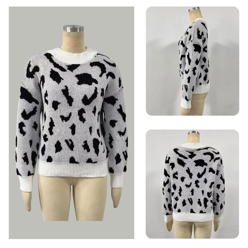 Women S Fashion Round Neck Long Sleeve Pullover Sweater Leopard Print