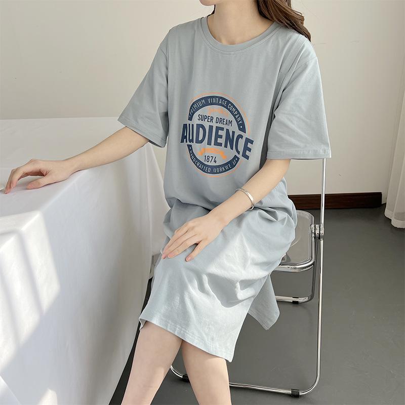 Pure Cotton Short Sleeve Breastfeeding Dress - Mid-Length Maternity/Postpartum Nightdress for Hot Mom Style