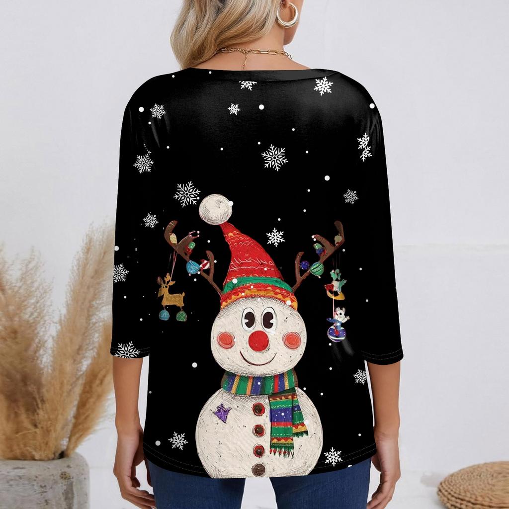 3/4 Sleeve Shirts For Women Print Christmas Tees Blouses Casual Plus Size Basic Tops Pullover