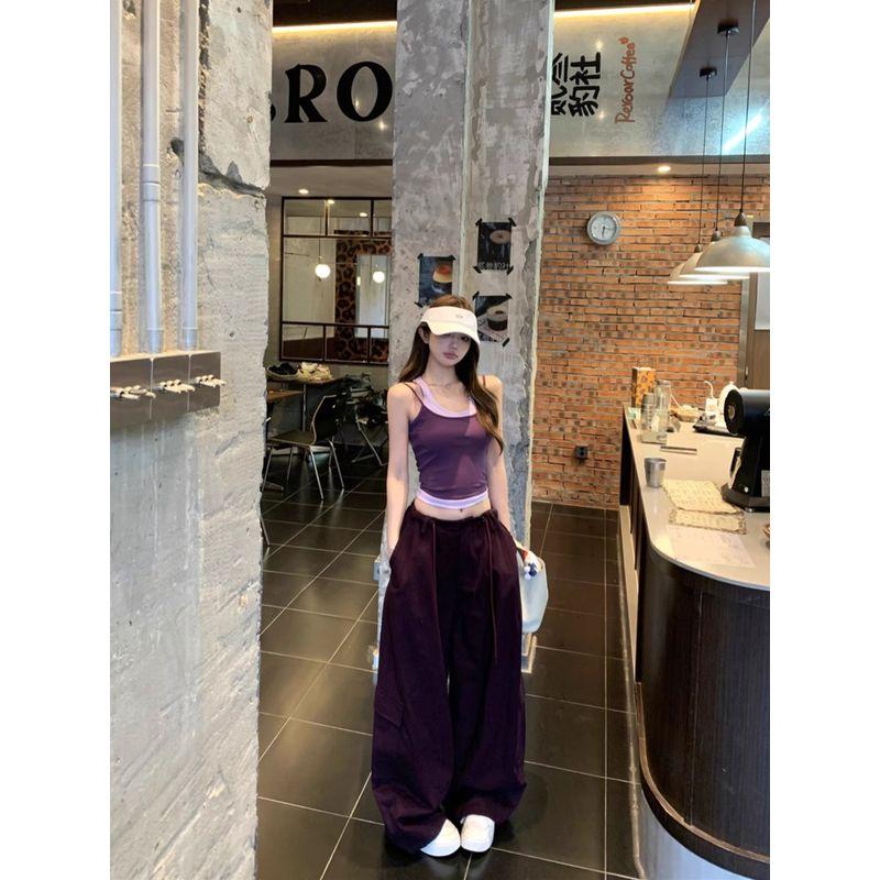 Kumikumi Gyaru Set Contrast Color Fake Two Pieces Cami Women Summer Drawstring High Waist Wide Leg Pants Two-piece Set