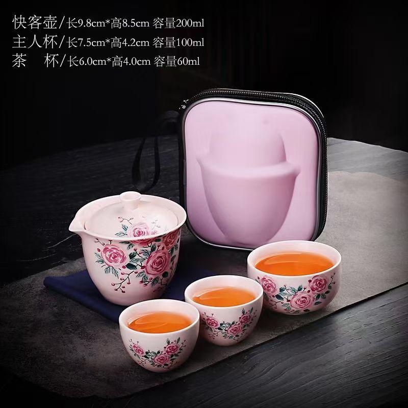 Guochao Style Peony Color Portable Travel Tea Set Dingyao Pink Ladies Express Cup Outdoor Camping Dry Brewing Tea Set