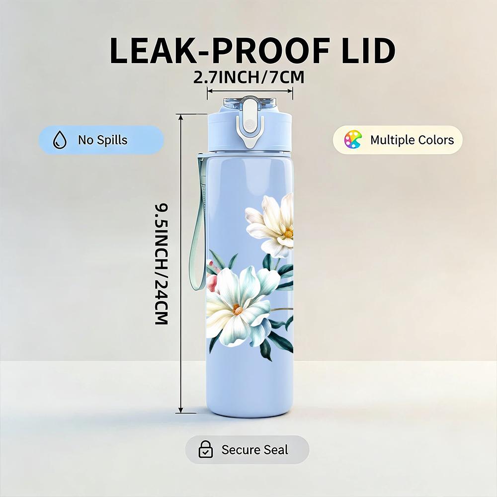 1PC White Watercolor Floral Graphic,750ml Color Plastic Sports Water Bottle,Leakproof Flip Straw Lid,Suitable for Sports Office Home Use