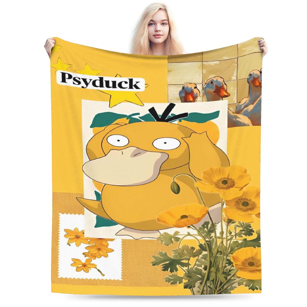 Warm Blanket Travel Office Manga Psyduck Printed Throw Blanket Pokemoned Flannel Bedspread For Outdoor Funny Sofa Bed Cover