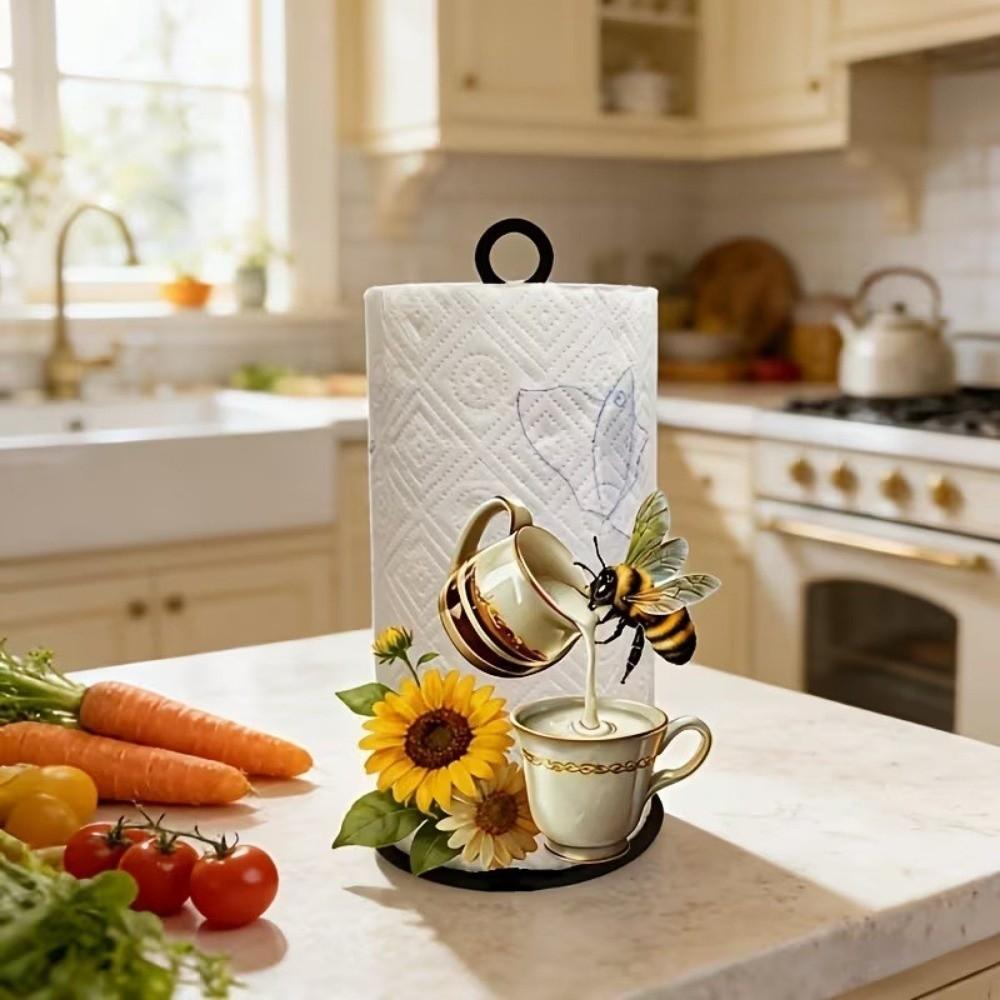2D Flat Acrylic Roll Paper Towel Holder Sunflower Floral Wooden Base Vertical Napkins Rack Decorative Freestanding