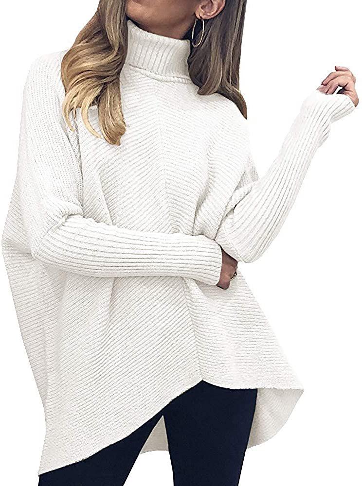 Women's Irregular Hem High Neck Pullover Long Sleeve Knit Sweater