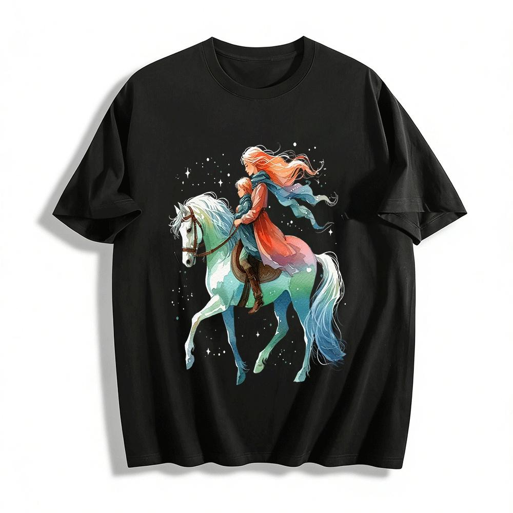 Watercolor Dreamy Parent-Child Horse Riding Print Casual Top Pure cotton T-shirt XXS