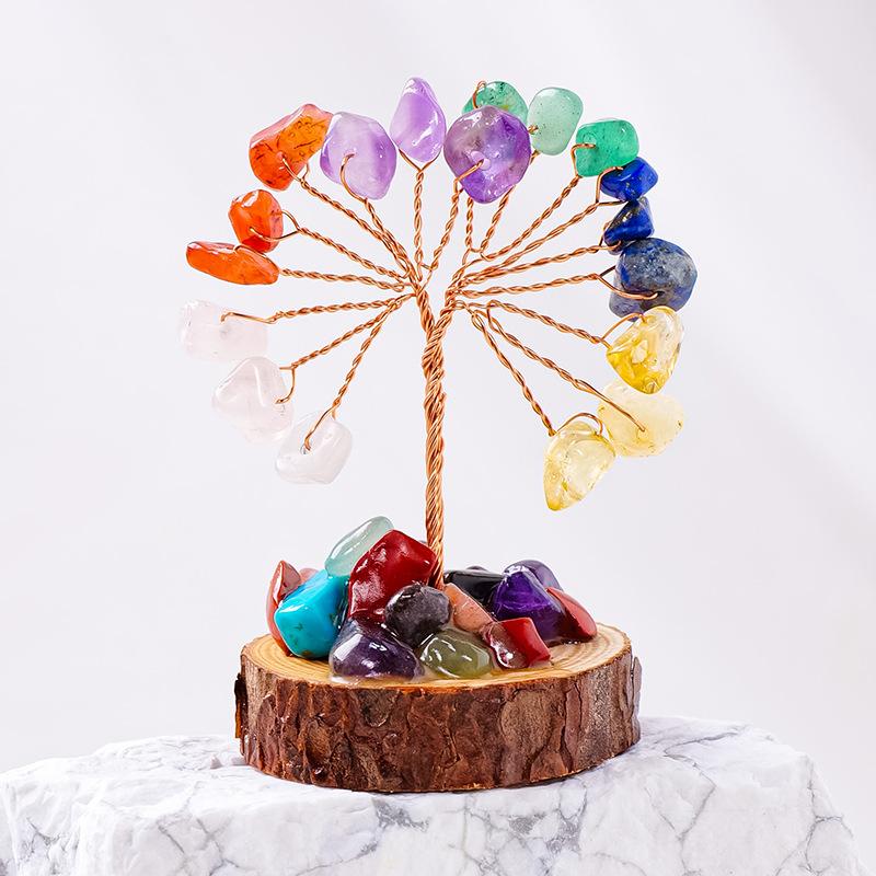 Natural Crystal Chips Tree Handmade With Copper Wire Wood Stump Base Money Tree Of Life Ornament Home Office Decor