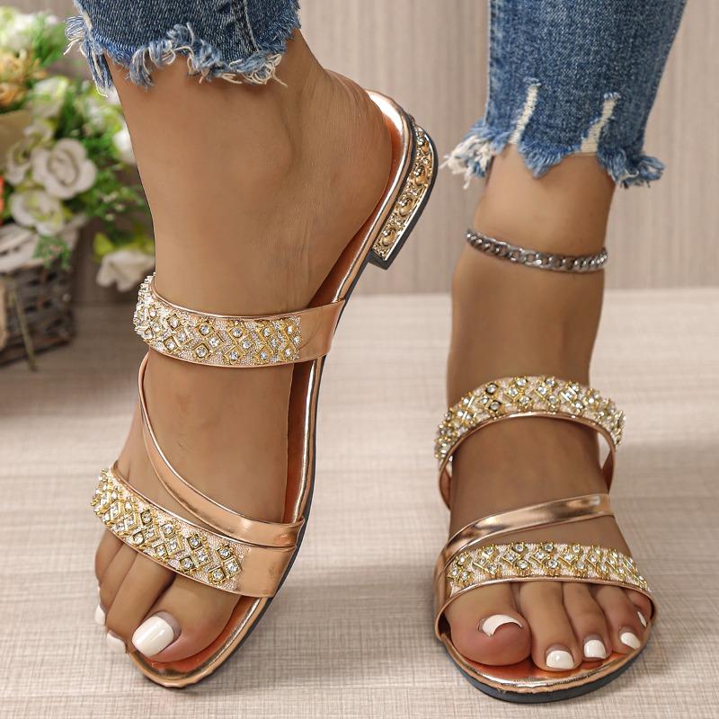 Plus Size Slippers Fashion Round Toe Open Toe Rhinestone Slip Soft Sole Anti-Slip Wear-Resistant Block Heel Shoes 35 шампанского 1990₽