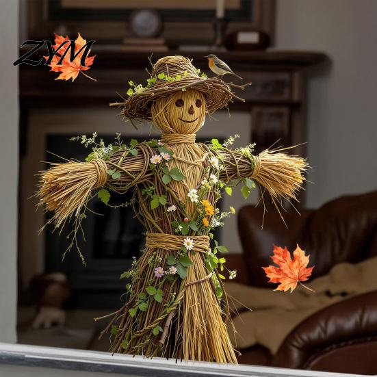 Creative Thanksgiving Gift Scarecrow Window Stickers with Realistic Maple Leaf, Pastoral Decals, Waterproof Durable Film PVC Static Clings for