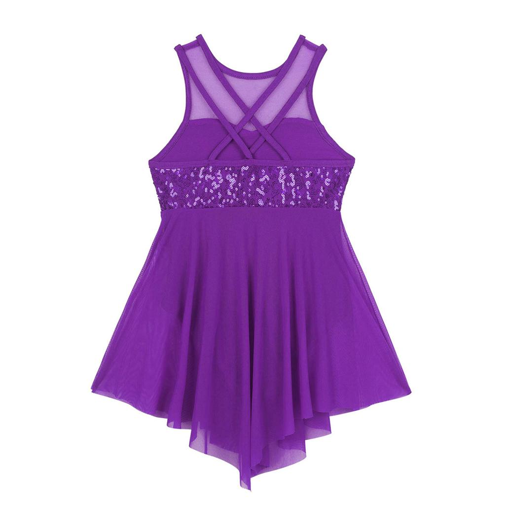 Kids Girls Modern Lyrical Dance Costumes Sleeveless Sequins Criss-Cross Back Ballet Irregular Leotard Dress
