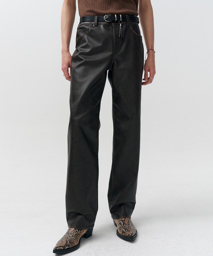NOIRER Vintage Leather Straight Pants (Brown)