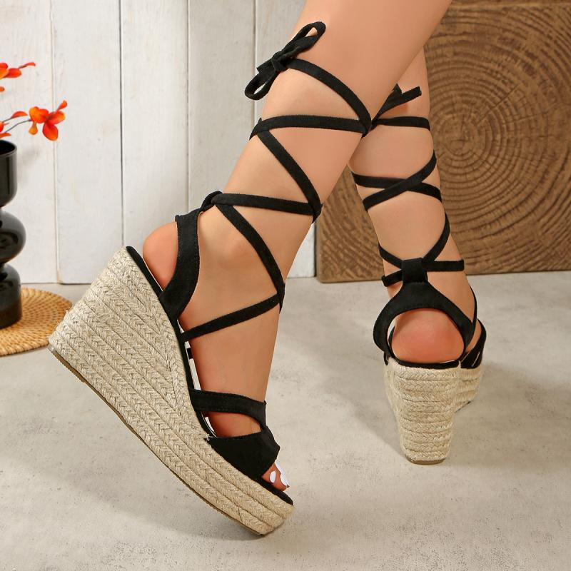Fashion Sexy Suede Cross Strap Gladiator Sandals Women Brand Designer Super High Wedge Heels Sandals Bohemia Beach Hemp Sole Shoes