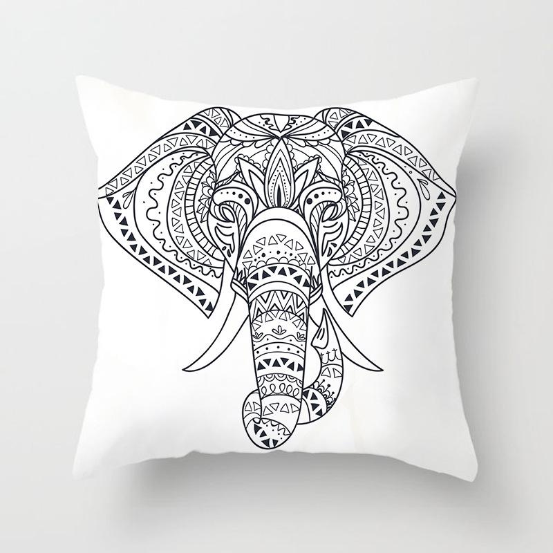 Black and White Ethnic Style Elephant Print Car Cushion Cover Sofa Pillow Cover Homewares
