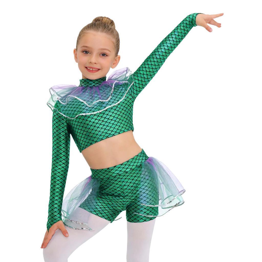 Ensemble Short et Crop Top Mailles Sequins Imprimé Écailles de Poisson Manches Longues Costume Cosplay Sirène pour Filles