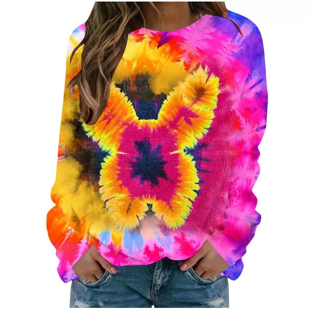 Round Neck 3D Tie Dye Rabbit Printed Top Fashionable Casual Long Sleeved Women's T-shirts