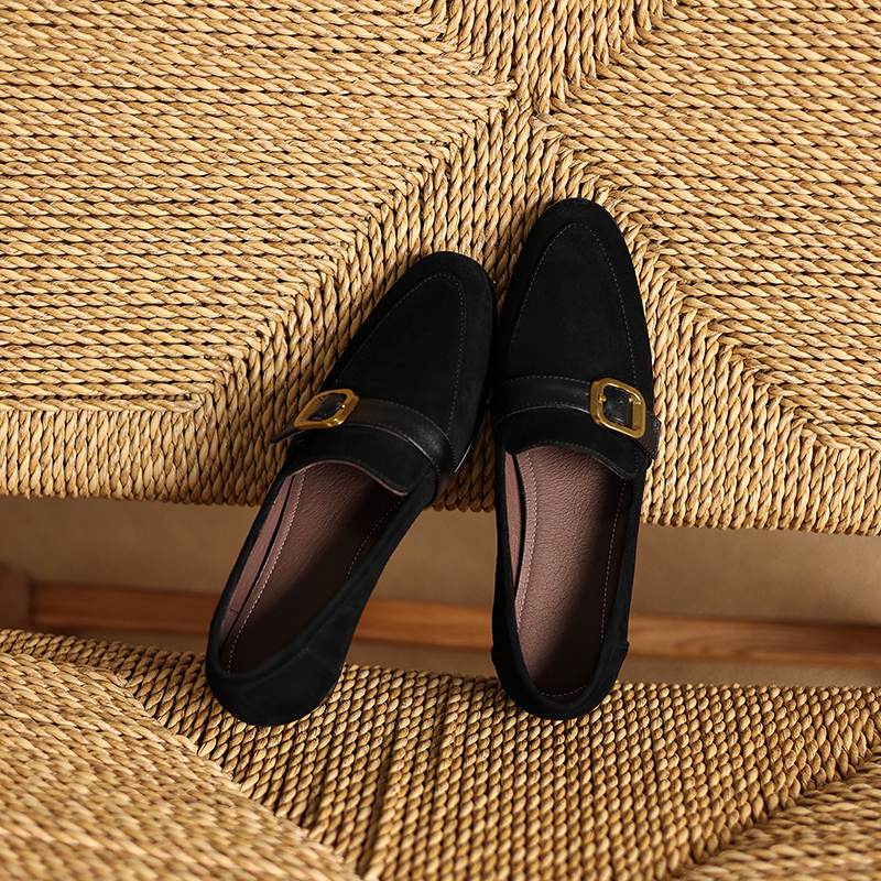 Krazing Pot Sheep Suede Autumn Winter Shoes Metal Buckle Loafers Med Heels Slip on Size 42 Round Toe Slip on Deep Mouth Pumps