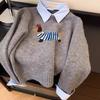 Autumn and winter wear contrasting color long-sleeved sweater top female cartoon dachshund gray fake two-piece shirt collar knitted sweater female