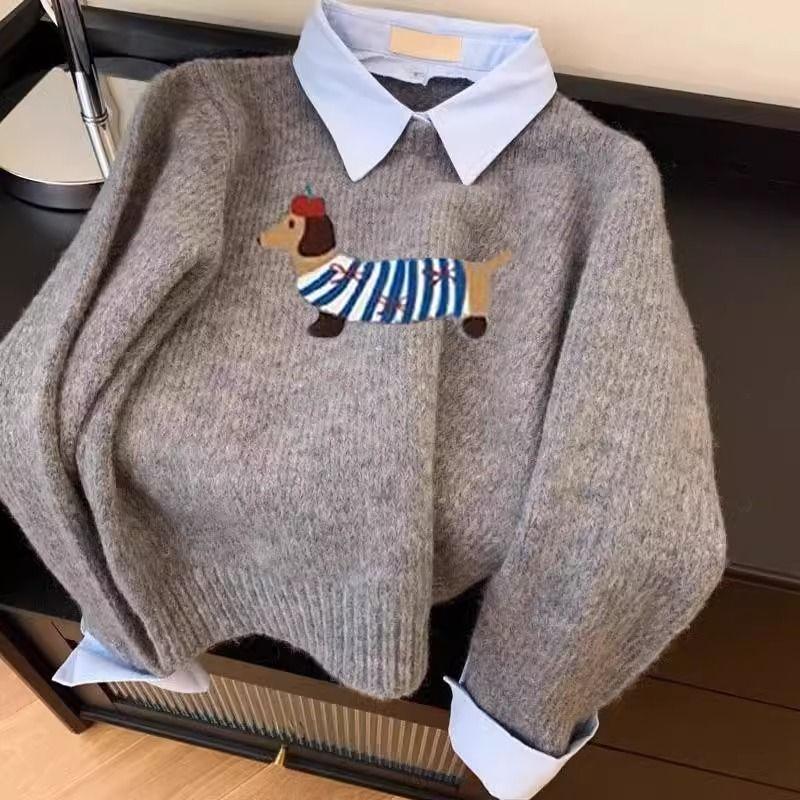 Autumn and winter wear contrasting color long-sleeved sweater top female cartoon dachshund gray fake two-piece shirt collar knitted sweater female
