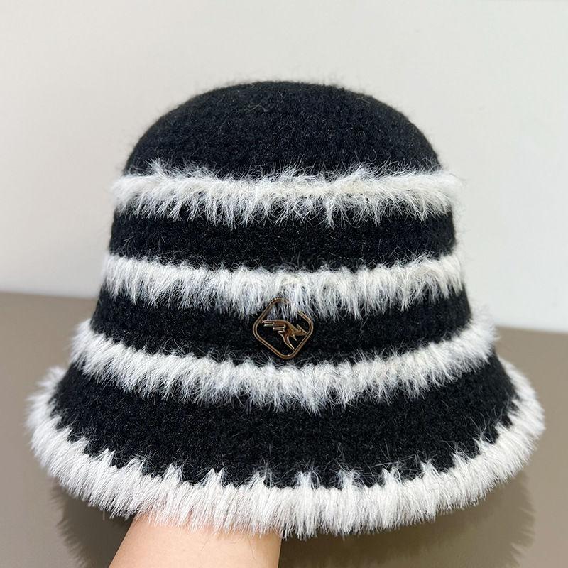 Plush Knitted Striped Bucket Hat Women's Autumn and Winter Wool Bucket Hat