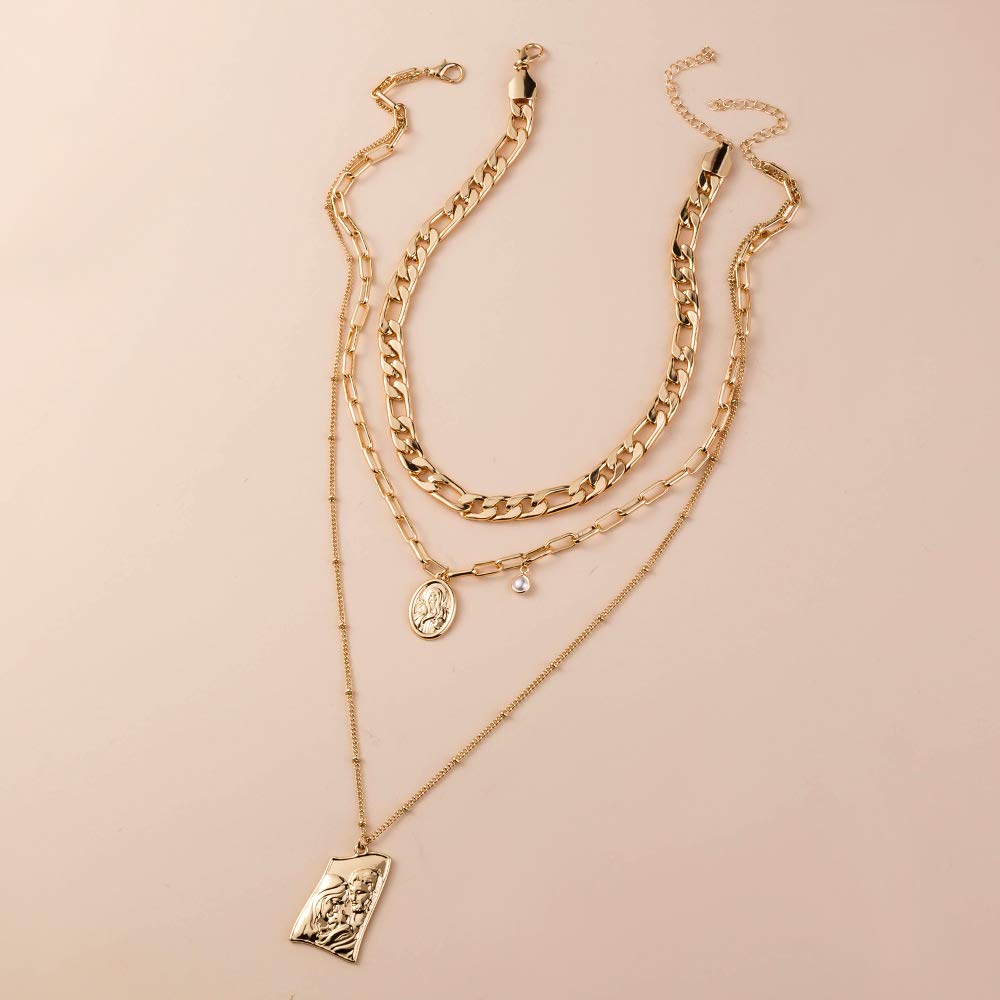 [Deelfel] Women's Necklace, Pearl, Gold (18k), Figaro Chain, Christ, Jesus, Buddha Statue, Amulet, Triple Chain Necklace, Main Deity Pendant, Purifica