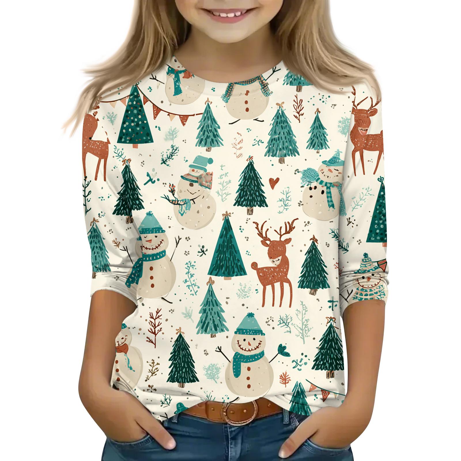 

Children s 3/4 Sleeve Round Neck Top Christmas Tree Printed Everyday Casual Top 110 бежевый