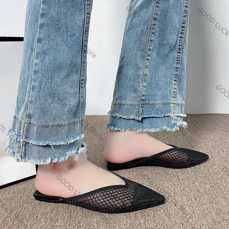 Fashion 2025 Hollow Mesh Flat Shoes Fashion Pointed Toe Half-pack Slippers New Summer Comfortable Square Heel Women's Shoes Large Size