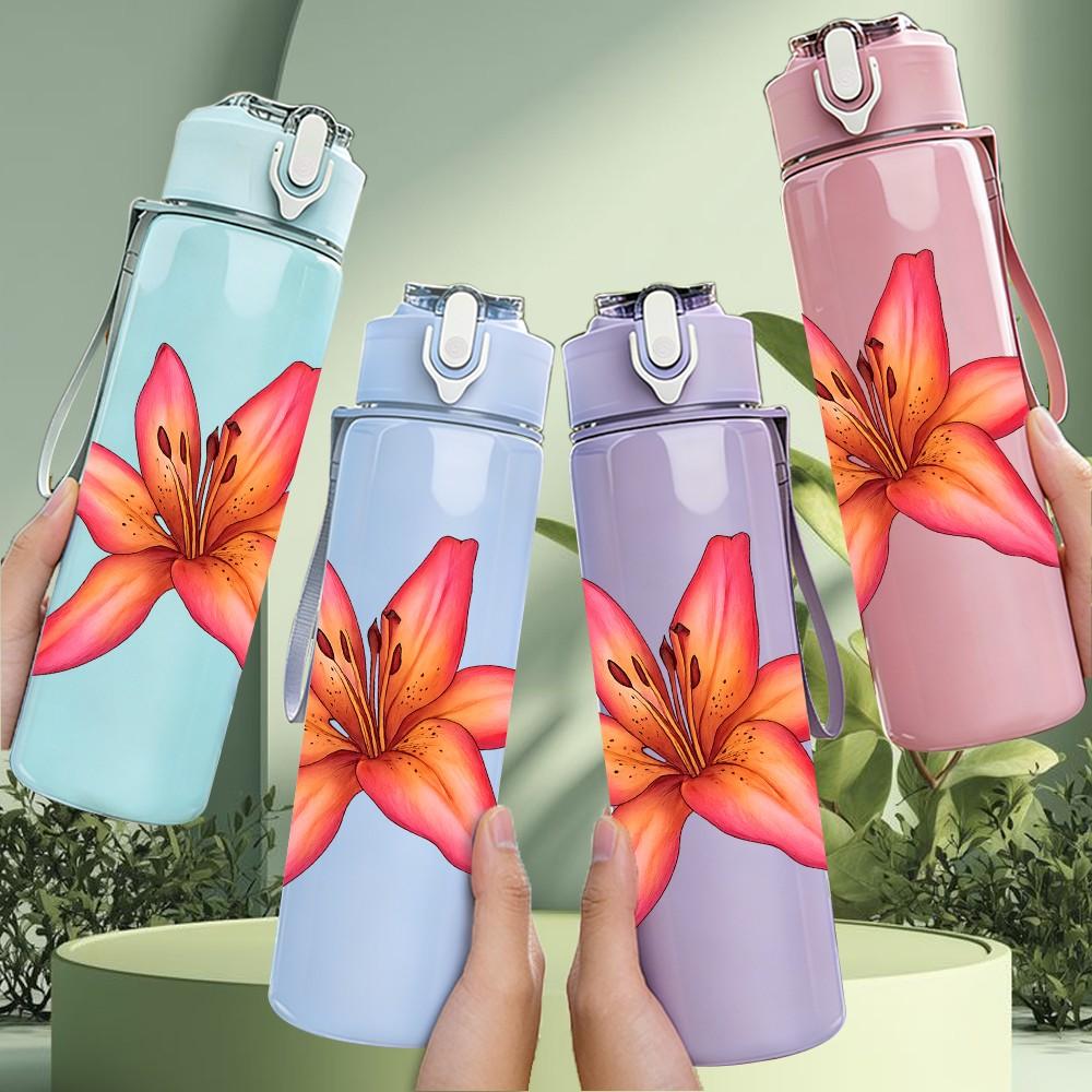 1PC Pink Lily Flower Illustration 750ml Color Plastic Sports Water Bottle Leakproof Flip Straw Lid Suitable for Sports Office Home Use